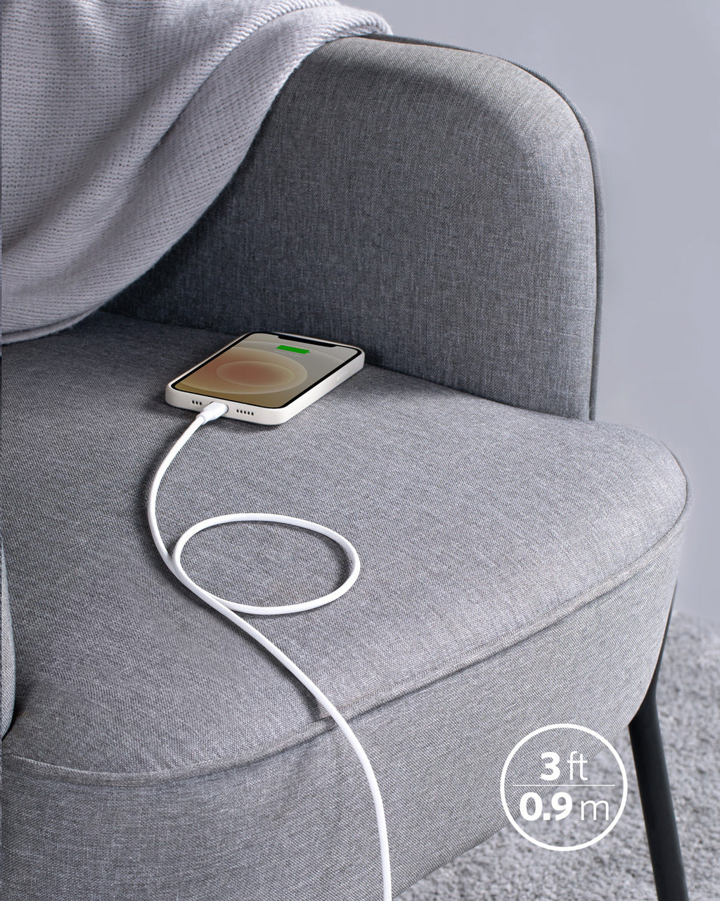 Anker cable for charging phone on sofa with 3 ft length