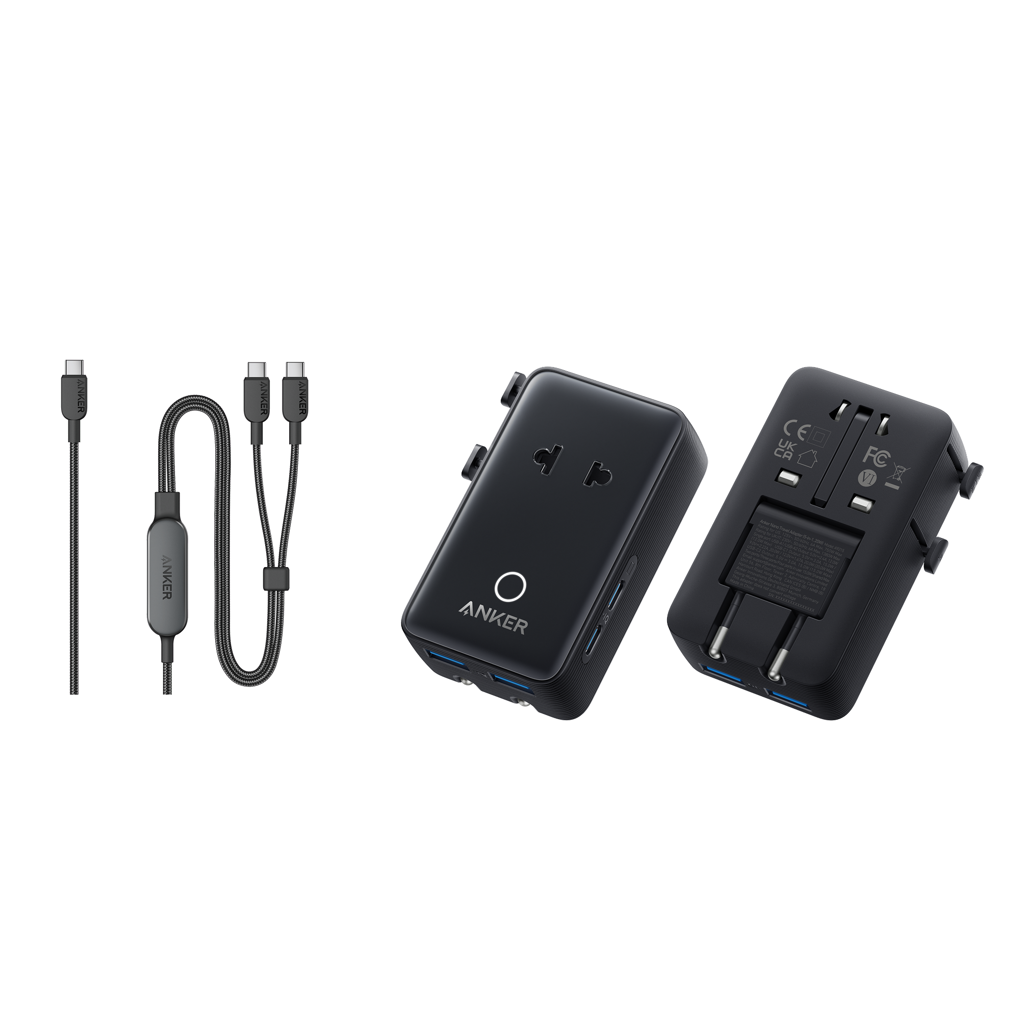 Anker Nano Travel Adapter (5-in-1, 20W, 1-Pack) and Anker 140W 2-in-1 USB-C to USB-C Cable